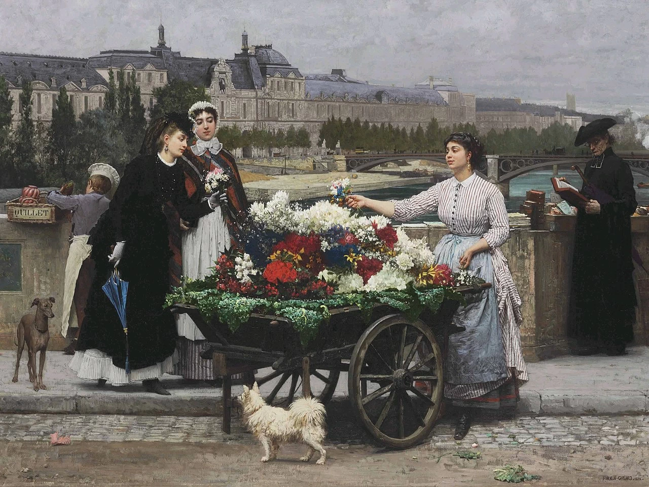 Marie - François Firmin, Girard, La venditrice di fiori sul Pont Royal con il Louvre sullo sfondo, Parigi, 1872